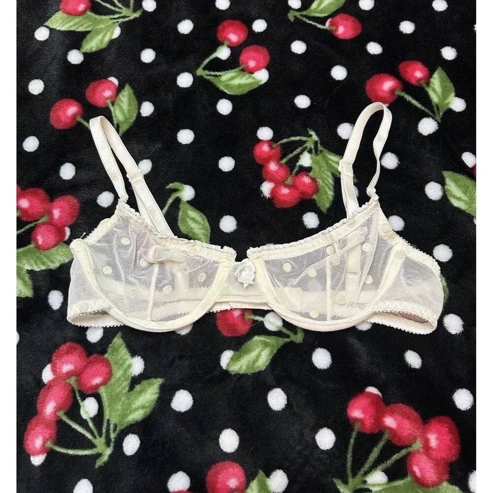 Vintage polka Dot Bra White Bridal Wedding Women size XS micro mesh lace Stretch